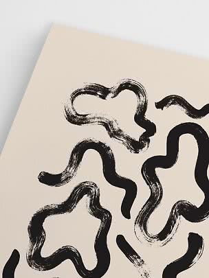 Affiche abstraite avec traits de pinceau noirs ondulés sur fond beige