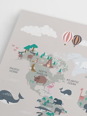 Affiche de carte du monde illustrée avec animaux sur les Amériques, ballons et nuages