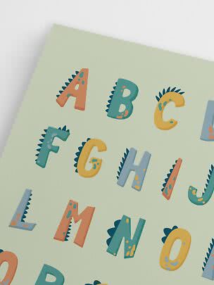 Poster with colorful dinosaur-style letters on a light green background