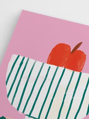 Abstrakt illustration af rød frugt i hvid skål med grønne striber på lyserød baggrund