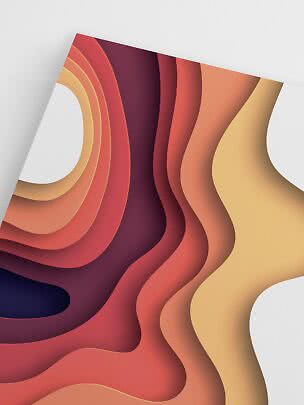 Abstract poster with layered wavy shapes in red, orange, brown and beige on a white background
