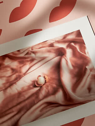 Affiche montrant un tissu satiné rose et une petite noix ouverte sur fond rose à motif