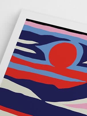 Abstract art print with wavy blue, red and cream stripes and a red circle on a white background