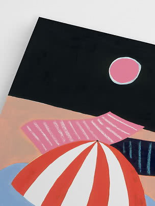 Abstract beach scene with red and white umbrella, pink towel and pink sun against a dark sky