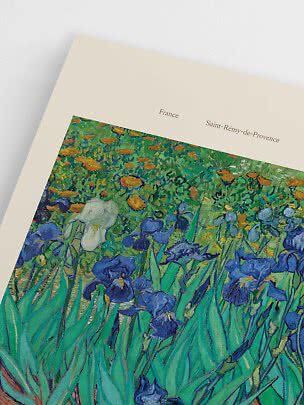 Primo piano di stampa artistica con fiori di Van Gogh e testo France, Saint-Rémy-de-Provence