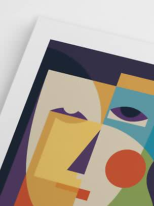 Abstract colorful portrait print with geometric face on white background