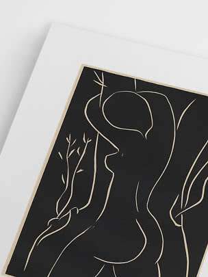 Gros plan d'une affiche abstraite avec silhouette féminine en trait blanc sur fond noir