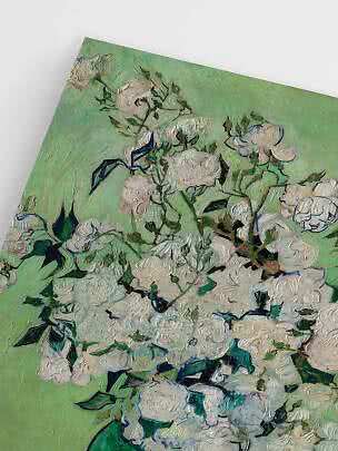 Nahaufnahme eines Gemäldes mit weißen Blumen auf grünem Hintergrund