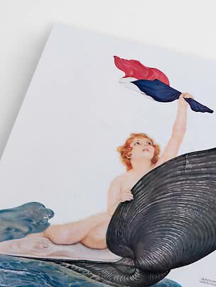 Illustration of a nude woman on a large black fish, waving a red, white and blue cloth
