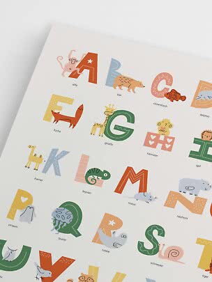 Colorful animal alphabet poster with letters and cute animal illustrations on a white background