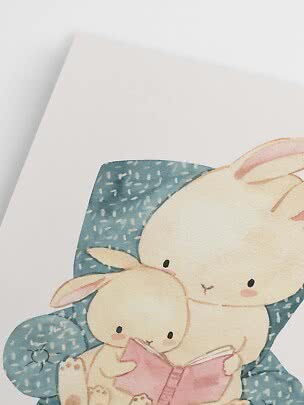 Watercolor illustration of two rabbits in a blue armchair reading a pink book
