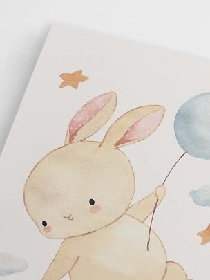 Watercolor poster with a cute bunny, blue balloon, small clouds and stars