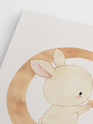 Close-up of poster with watercolor bunny in front of a brown rainbow on white background