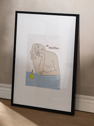 Gerahmter Kunstdruck mit abstrakter Frauenfigur und grüner Birne auf hellblauer Fläche