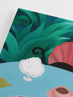 Illustration of a white rose in a glass on a light blue table with green leaves, pink flower and small chameleon