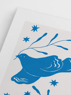 Blue art print with stylized bird, branches and stars on white background