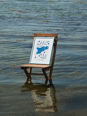 Framed blue bird print on a wooden chair standing in shallow seawater