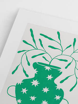 Abstract poster with green plant shape and white stars on a light background