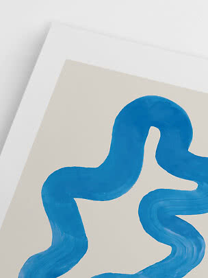 Close-up of abstract art print with blue wavy lines on beige paper