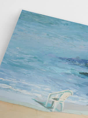 Painting of a blue sea with a white chair on the beach