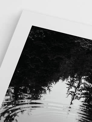 Nærbillede af sort-hvid kunstprint med trærefleksioner i vand og hvide kanter