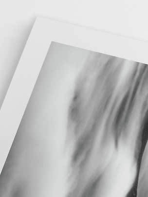 Primo piano di una stampa artistica in bianco e nero con bordo bianco e ombre morbide