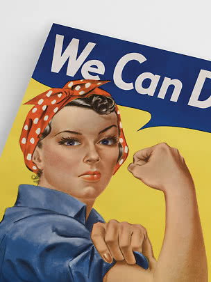 Vintage poster of woman in blue shirt and red polka-dot bandana flexing her arm