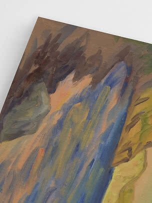 Close-up of abstract painting with blue and brown brushstrokes on canvas