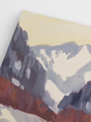 Abstract mountain landscape painting in blue, gray and rust tones with a pale yellow sky