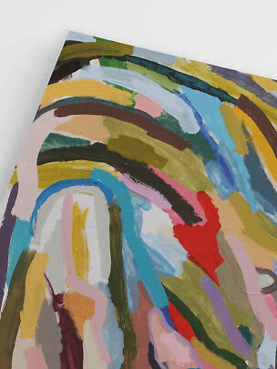 Abstract painting with colorful brushstrokes in blue, yellow, green, pink and red on white background
