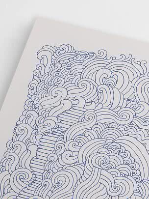 Close-up of poster with blue abstract wave patterns on a white background