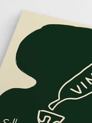 Abstraktes Poster in Dunkelgrün und Creme mit organischer Form und weißer Linienzeichnung eines Vogels