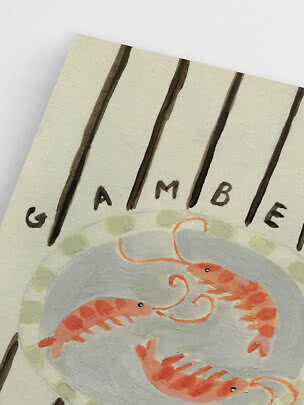 Illustration von rosa Garnelen auf einem Teller mit dem Wort GAMBE darüber
