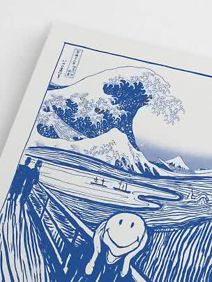 Blue art print blending The Great Wave off Kanagawa with The Scream and a smiley figure