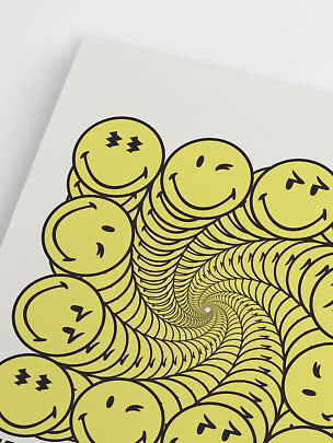 Poster with yellow smiley faces in a spiral pattern on a white background