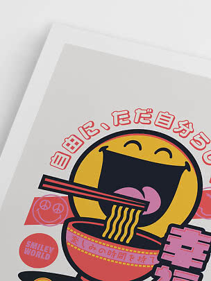 Colorful poster of a smiley face eating noodles with chopsticks and Japanese text