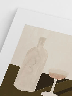 Abstrakt kunsttryk med lys flaske og vinglas i bløde beige toner