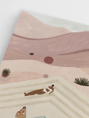 Abstract illustration of two women by a pool in a desert landscape in soft pink tones