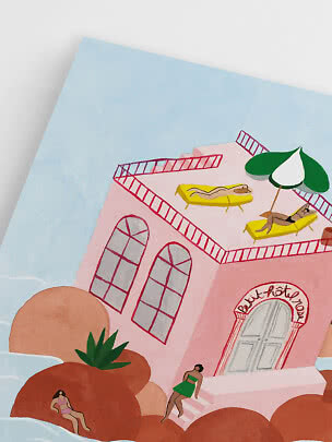 Illustration eines rosa Hotels am Wasser mit Dachterrasse, Liegen und Sonnenschirm