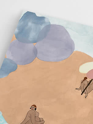 Abstracte illustratie van strand met pastelkleurige rotsen en kleine zittende figuren