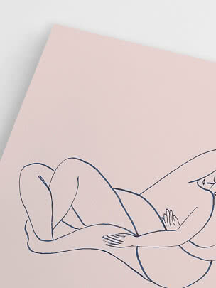 Minimal line drawing of a reclining woman on a pink background