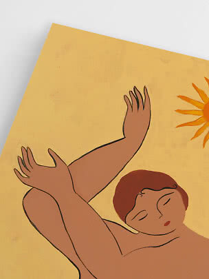 Abstract poster of a reclining woman in warm tones on a yellow background with orange sun
