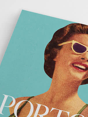 Close-up of retro poster with smiling woman in white sunglasses on a turquoise background