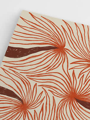 Abstract floral print in rust orange and dark brown on a cream background