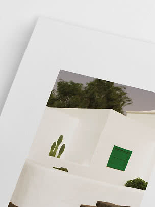 White Mediterranean walls with green shutter, cactus and trees in a minimalist courtyard