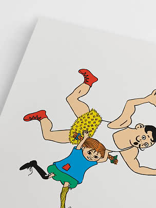 Illustration von Pippi Langstrumpf, die einen starken Mann vor weißem Hintergrund hebt