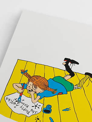 Illustration of Pippi Longstocking lying on the floor, writing on a sheet of paper