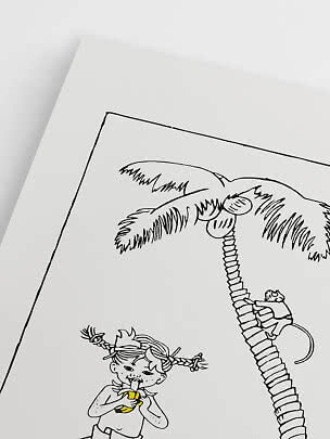 Poster in bianco e nero con disegno di palma, scimmia e bambina che mangia un frutto giallo.