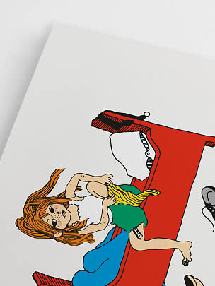 Illustrazione di una ragazza rossa sdraiata su un divano rosso con un gatto giallo in grembo