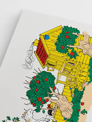 Ilustracja żółtego drewnianego domu z czerwonym dachem, jabłoniami, dziećmi i białym koniem